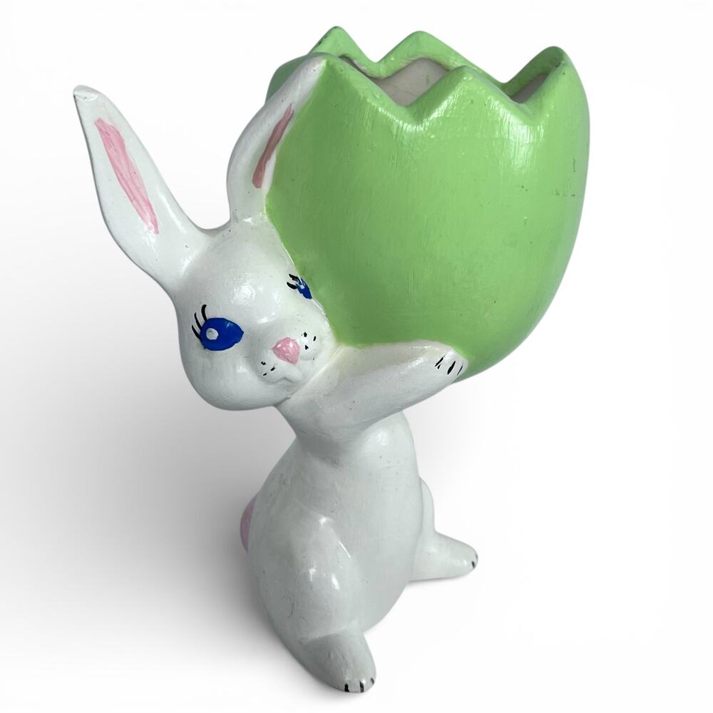 Vintage Ceramic Anthropomorphic Bunny Rabbit Egg Planter Vase Easter Kitschy